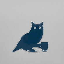 Load image into Gallery viewer, great horned owl holding a mug sticker
