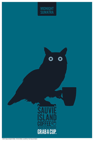 great horned owl holding coffee mug